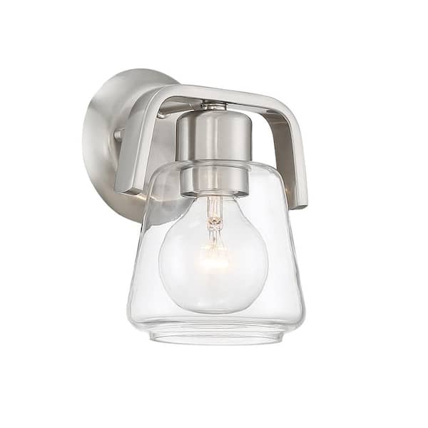 Designers Fountain Riley 6.25 in. 1-Light Satin Platinum Industrial Wall Sconce with Clear Glass Shade