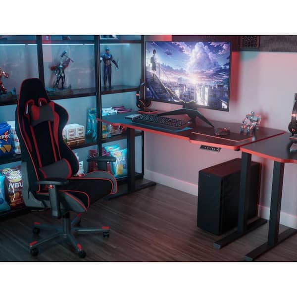WJSNDW 55.12 × 27.56 in. Jet Black & Scarlet Red Electric Height Adjustable Standing Desk with Dual Motor