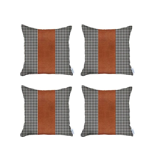 MIKE & Co. NEW YORK Boho-Chic Handcrafted Vegan Faux Leather Black and Brown 18 in. x 18 in. Square Houndstooth Throw Pillow Cover Set of 4