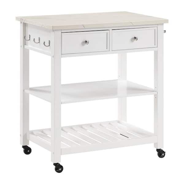 Litchfield Kitchen Cart With Faux Marble Top in White Finish