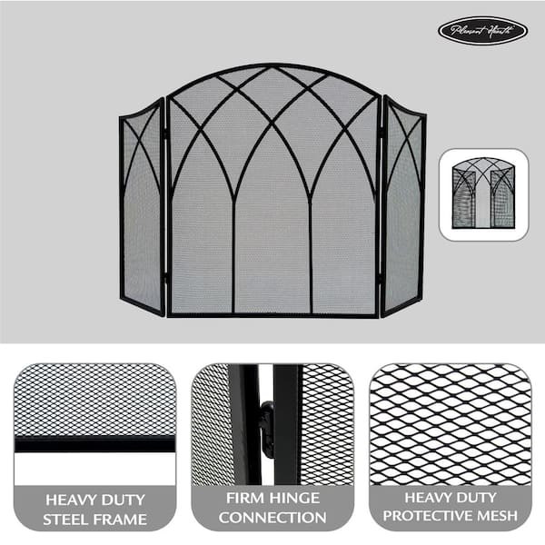 Gothic Black Steel 3-Panel Fireplace Screen