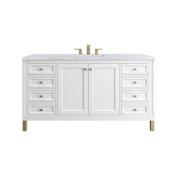 James Martin Vanities Chicago 60.0 in. W x 23.5 in. D x 34 in. H Bathroom Vanity in Glossy White with Carrara Marble Marble Top