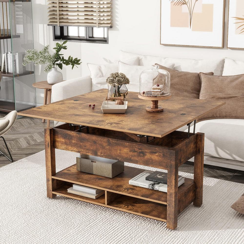 Multi functional Rustic Brown Lift Top Coffee Table with Open Shelves Dining Table for Living Room Home Office