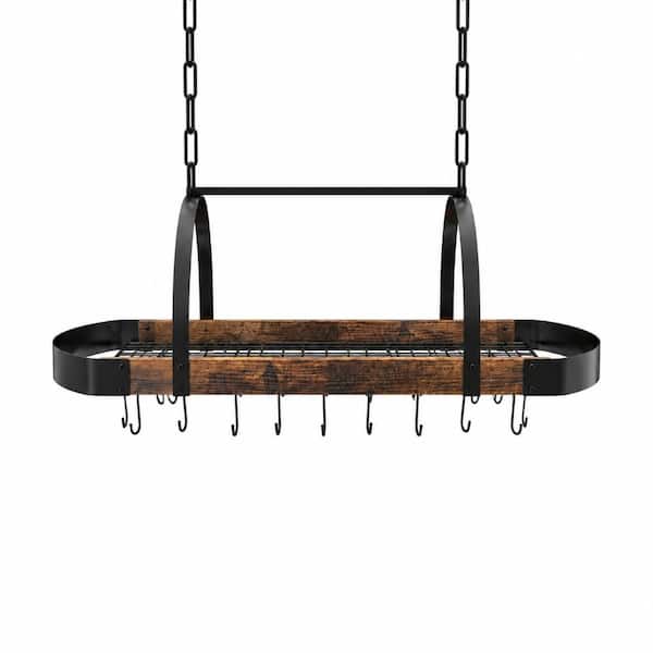 Black Wall Mounted 2-Tier Iron Pot Rack with Hanging Rails, 12 Hooks and Tiered Shelf Organizer for Kitchen Storage