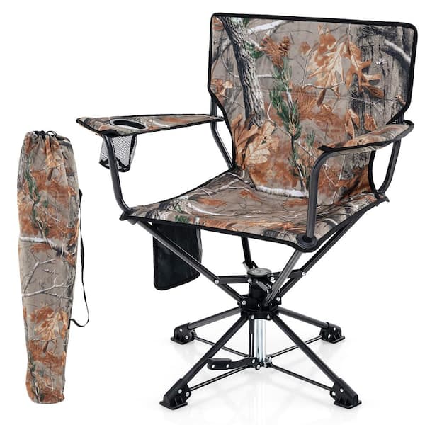 HONEY JOY 360° Swivel Outdoor Hunting Seat Folding Blind Chair with Cup Holder and Storage Bag Non-slip Foot Pads Ground Camo