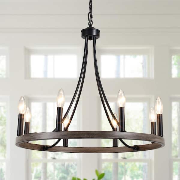 LWYTJO Loene 8-Light Black/Brown Farmhouse Candle Dimmable Wagon Wheel Chandelier for Living Room Kitchen Island Dining Foyer