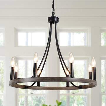 LWYTJO Loene 8-Light Black/Brown Farmhouse Candle Dimmable Wagon Wheel Chandelier for Living Room Kitchen Island Dining Foyer D0030-8-B+IWG-UL