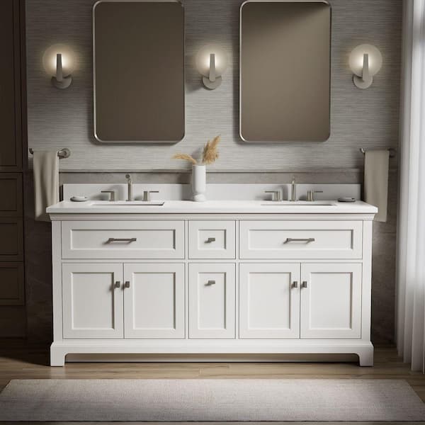 Charlemont 74 in. Double Sink Freestanding White Bath Vanity with White Quartz Top Assembled