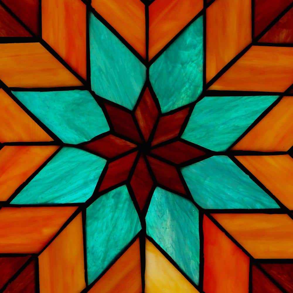 Bold Geometric Floral Stained Glass Window Panel in Red, Teal, and Orange