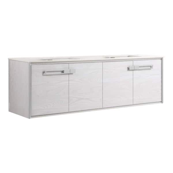 FINE FIXTURES Oakville 72 in. W x 20 in. D x 23.25 in. H Wall Mounted Bathroom Vanity in Gray with White Quartz Top