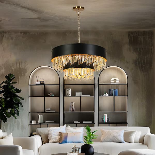 Phesonlaxy 18-Light Black and Plating Brass 2-Tier Crystal Drum Chandelier with Goldleaf Interior, No Bulbs Included