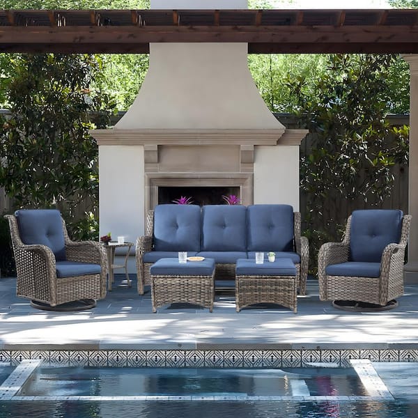 6-Piece Brown Wicker Patio Conversation Set Outdoor Couch Set with Blue Cushions