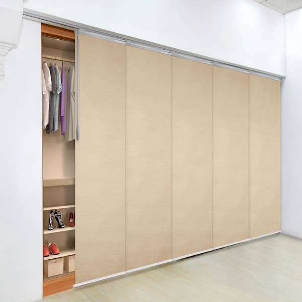 EMOH Linen 58 in. - 110 in. W x 116 in. L Adjustable 5- Panel Satin Nickel Single Rail Panel Track with 23.5 in. Slates