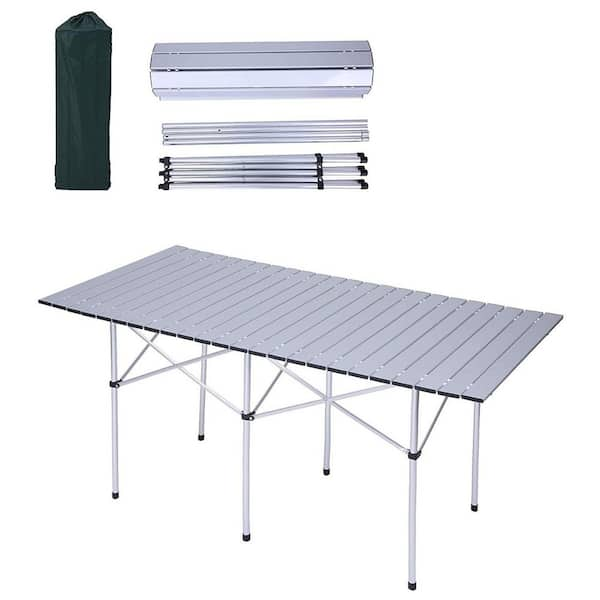 55.1 in. 6-Person Outdoor Rectangle Aluminum Lightweight Folding Picnic Table, Roll Top Table with Carry Bag-Silver