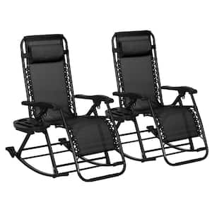 2-Piece Black Metal Outdoor Rocking Chair with Pillow, Cup, Phone Holder and Black Cushions