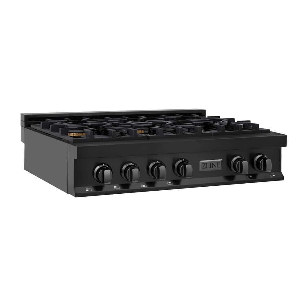 ZLINE Kitchen and Bath 36 in. 6 Burner Front Control Gas Cooktop with Brass Burners in Black Stainless Steel