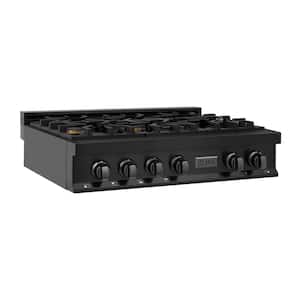 36 in. 6 Burner Front Control Gas Cooktop with Brass Burners in Black Stainless Steel