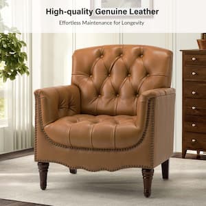 Elijah 32 in. Traditional Camel Button-Tufted Genuine Leather Arm Chair with Solid Wood Legs