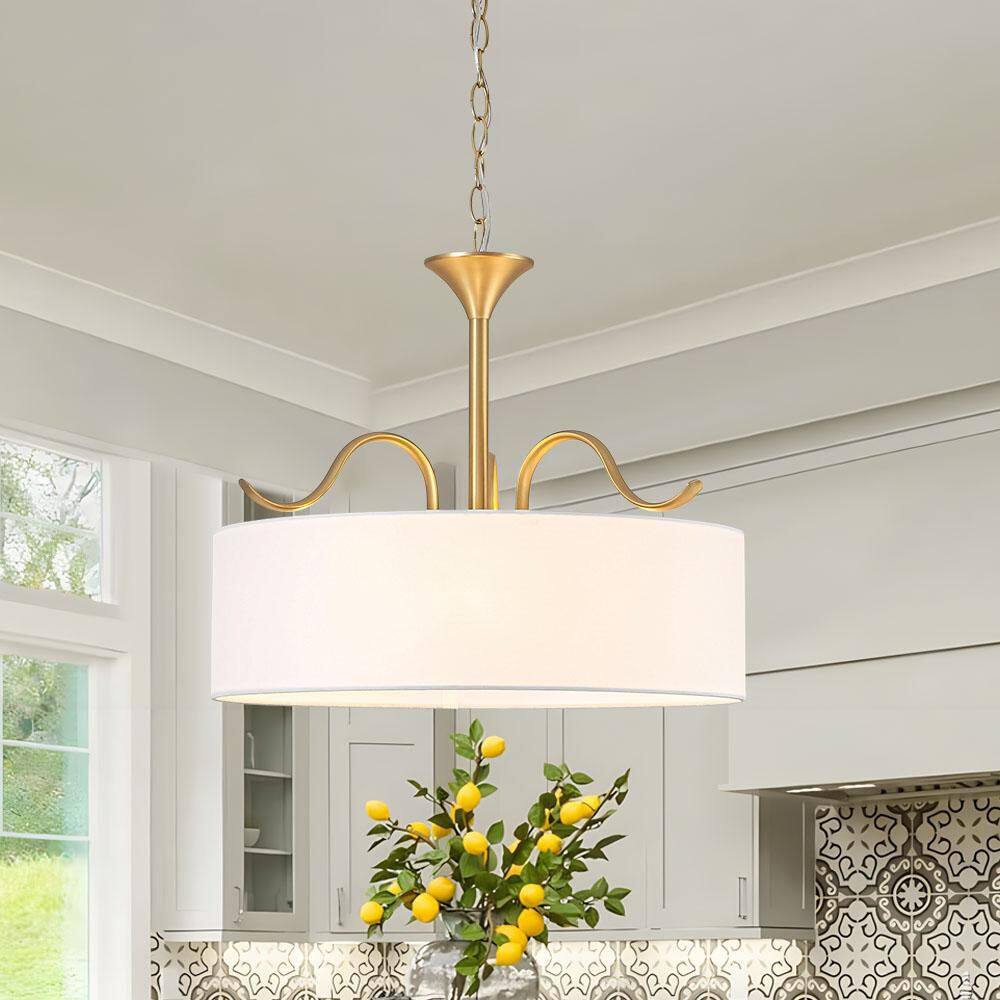 Haven 3-Light 18.9 in.W Brushed Brass Farmhouse Drum Pendant Light with White Fabric Cover for Living Room/Bedroom price history on PriceWatchPro
