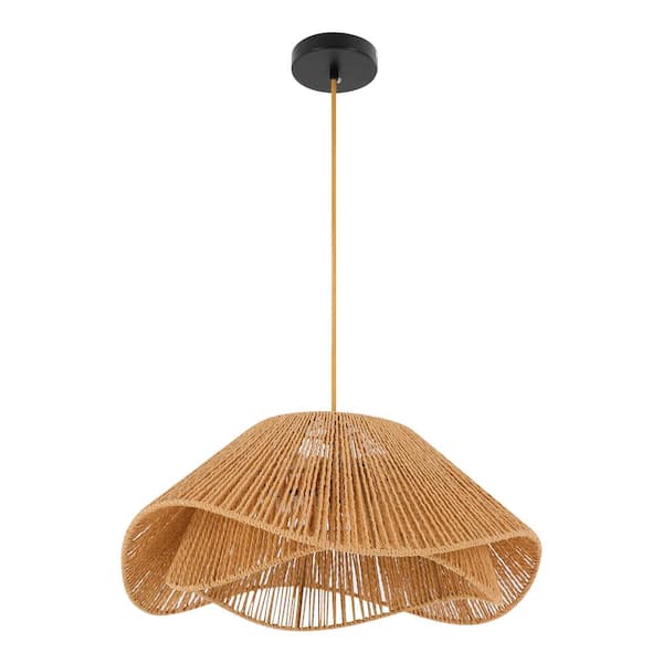 OUKANING 3-Light Yellow Bohemian Shaded Pendant Light with Hemp Rope Shade for Living Room Dining Areas, No Bulbs Included