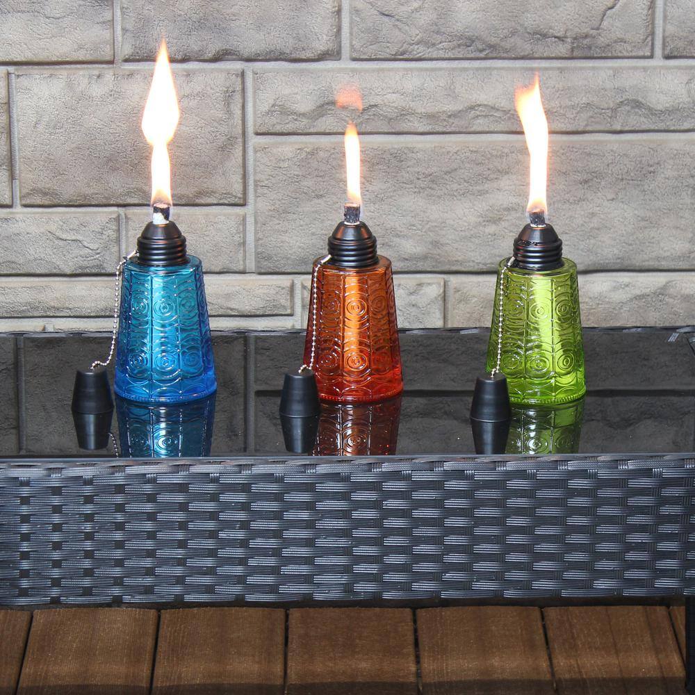 Multicolor Glass Tabletop Torches with Fiberglass Wicks - Set of 3