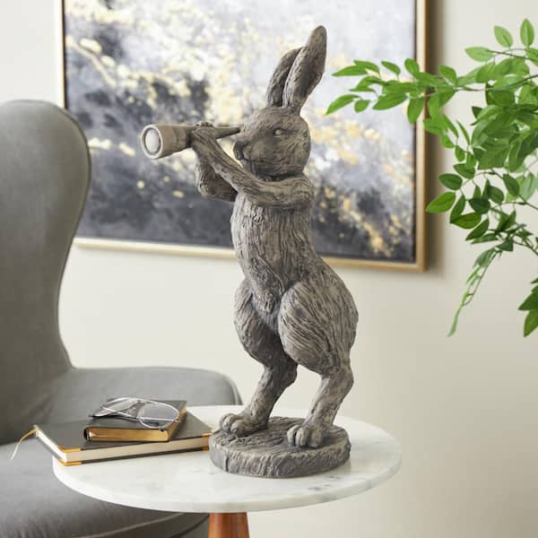 Litton Lane Gray 8 in. x 22 in. Rabbit Textured Polystone Sculpture with Telescope