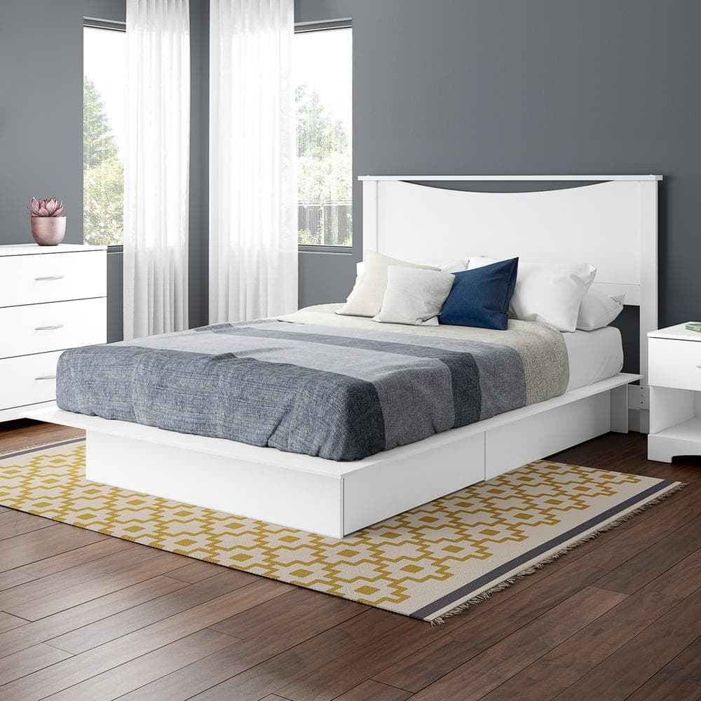 Pure White Queen Platform Bed with Upholstered Headboard and Storage Drawers
