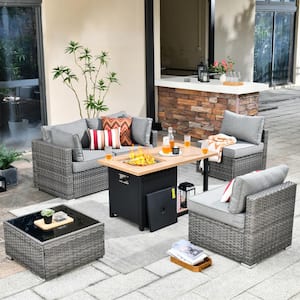 Sanibel Gray 6-Piece Wicker Outdoor Patio Conversation Sofa Sectional Set with a Storage Fire Pit and Dark Gray Cushions