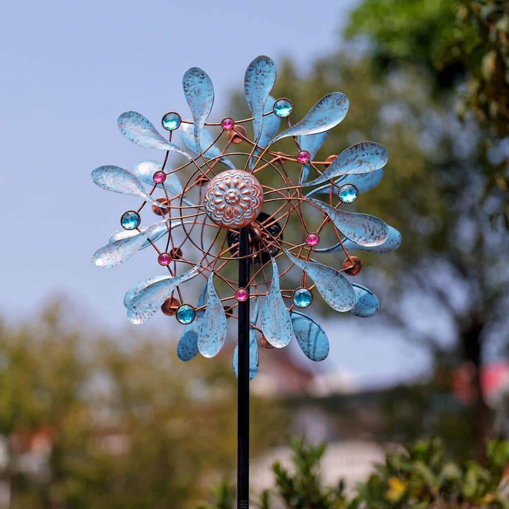 Large Blue Metal Kinetic Wind Spinner with Gem Accents