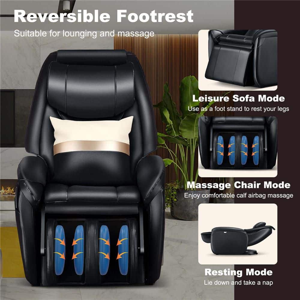 Black Full Body SL Track Zero Gravity Massage Chair with Pillow Reversible Footrest Heat - Thumbnail 2