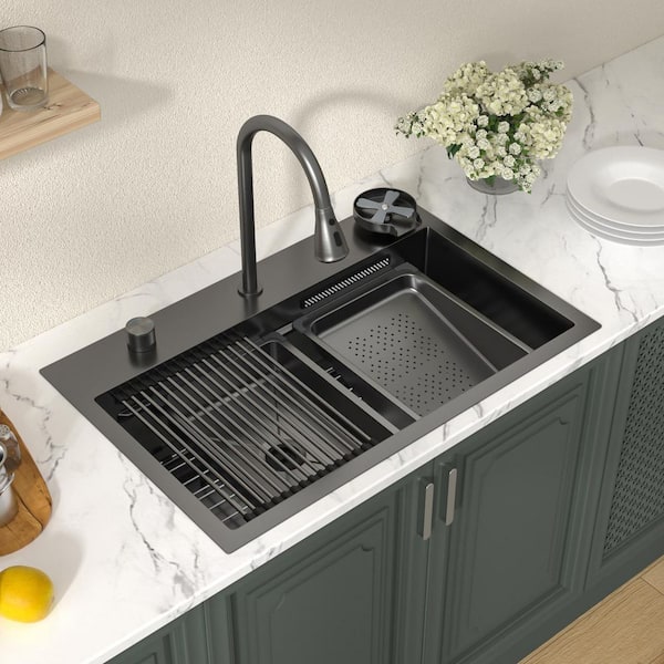 LORDEAR 31 in. x 20 in. Gunmetal Black Single Bowl 16-Gauge Stainless Steel Drop-In Workstation Kitchen Sink with Faucet