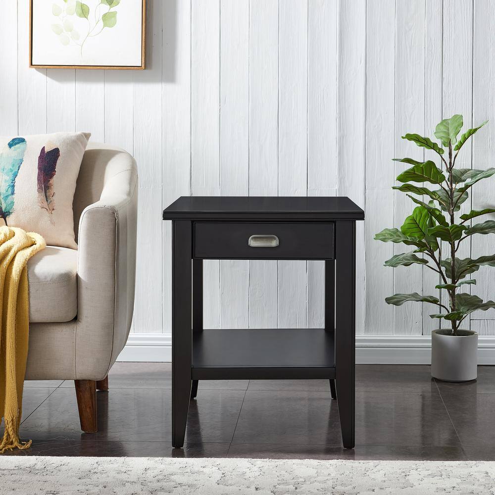 Elegant Black Hardwood End Table with Storage Shelf and Drawer