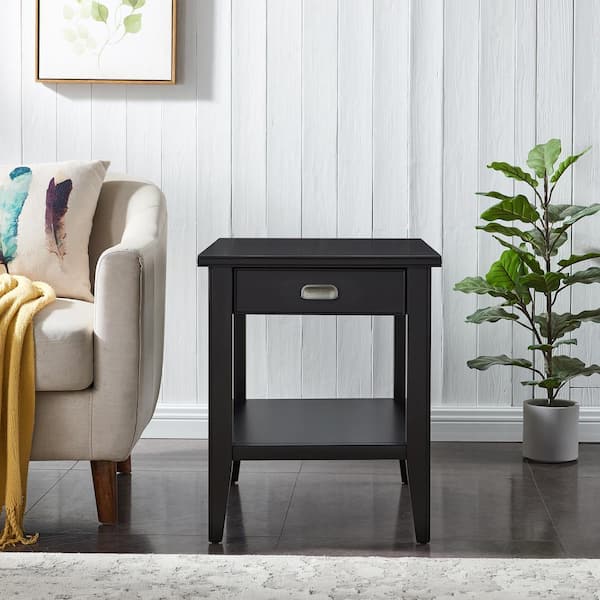 Laurent 20 in. Black Rectangle Solid Wood End Table with Drawer and Shelf