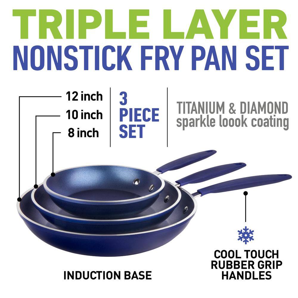 Blue Aluminum Nonstick Fry Pan Set with Silicone Handles