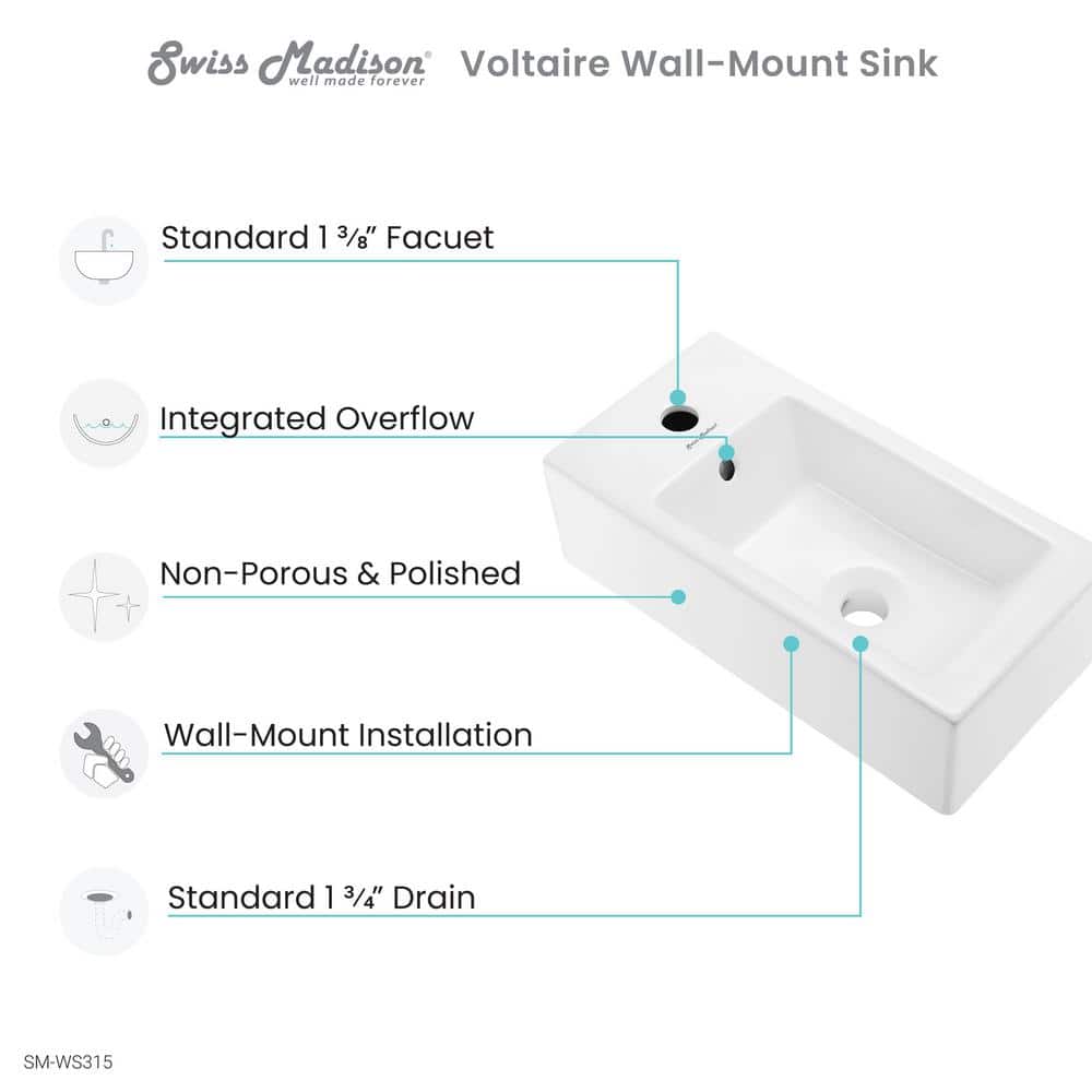 Glossy White Rectangular Ceramic Wall-Mount Sink with Left Faucet
