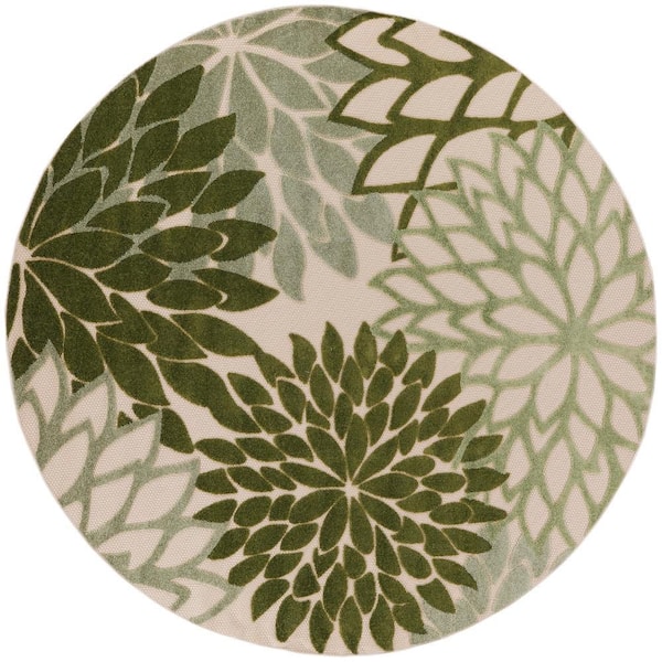 Aloha Ivory Green 8 ft. x 8 ft. Floral Contemporary Round Indoor Area Rug