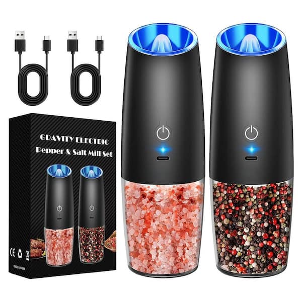 Rechargeable Pepper & Salt Grinder Set w/ Gravity Sensing Switch, LED Light, One Hand Automatic Operation-Black/2 Pack