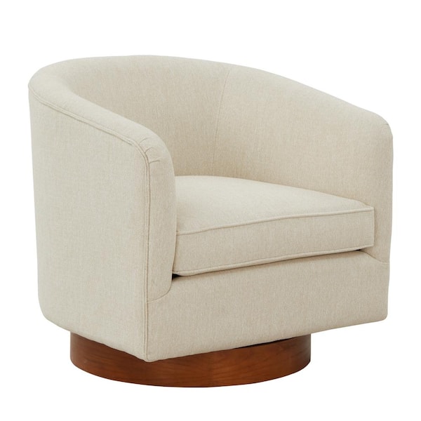 Muriel Beige Chenille Wood Base Barrel Accent Chair with Swivel