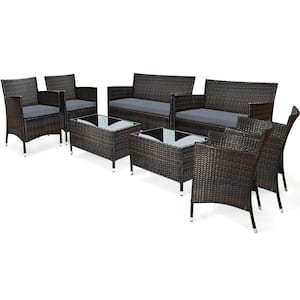 8-Piece Patio Rattan Conversation Furniture Set Outdoor with Gray Cushion