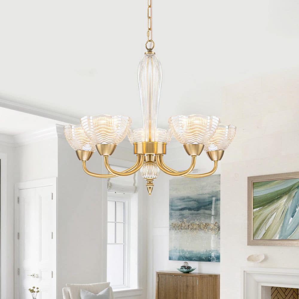 23.6 in. 5-Light Gold Chandelier with Cognac Wave-Glass Shades for Dining Room, Bedroom price history on PriceWatchPro