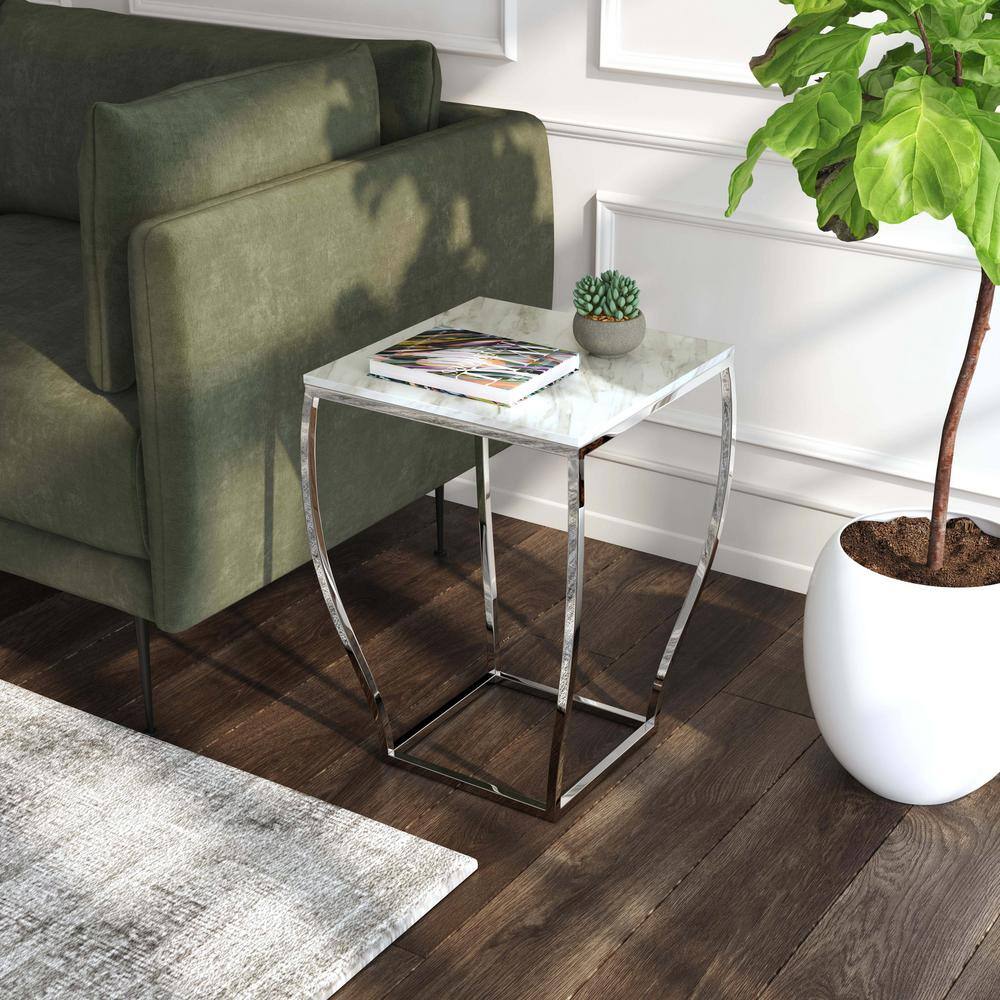 Elegant White Marble & Glossy Metal Geometric Side Table