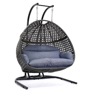 Charcoal PE Rattan Wicker Hanging Double-Seat Swing Chair with Stand with Dust Blue Cushion