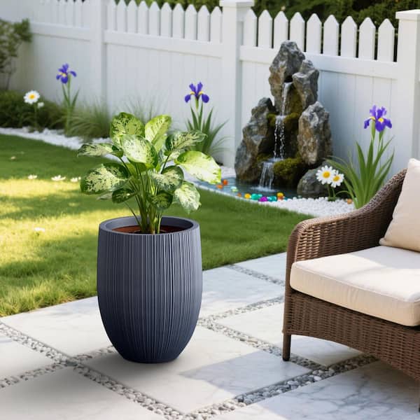 17 in. Large Navy Blue Concrete Round Fluted Planter / Pot Barrel-Style Plant Pot with Drainage Holes, Upgraded Interior