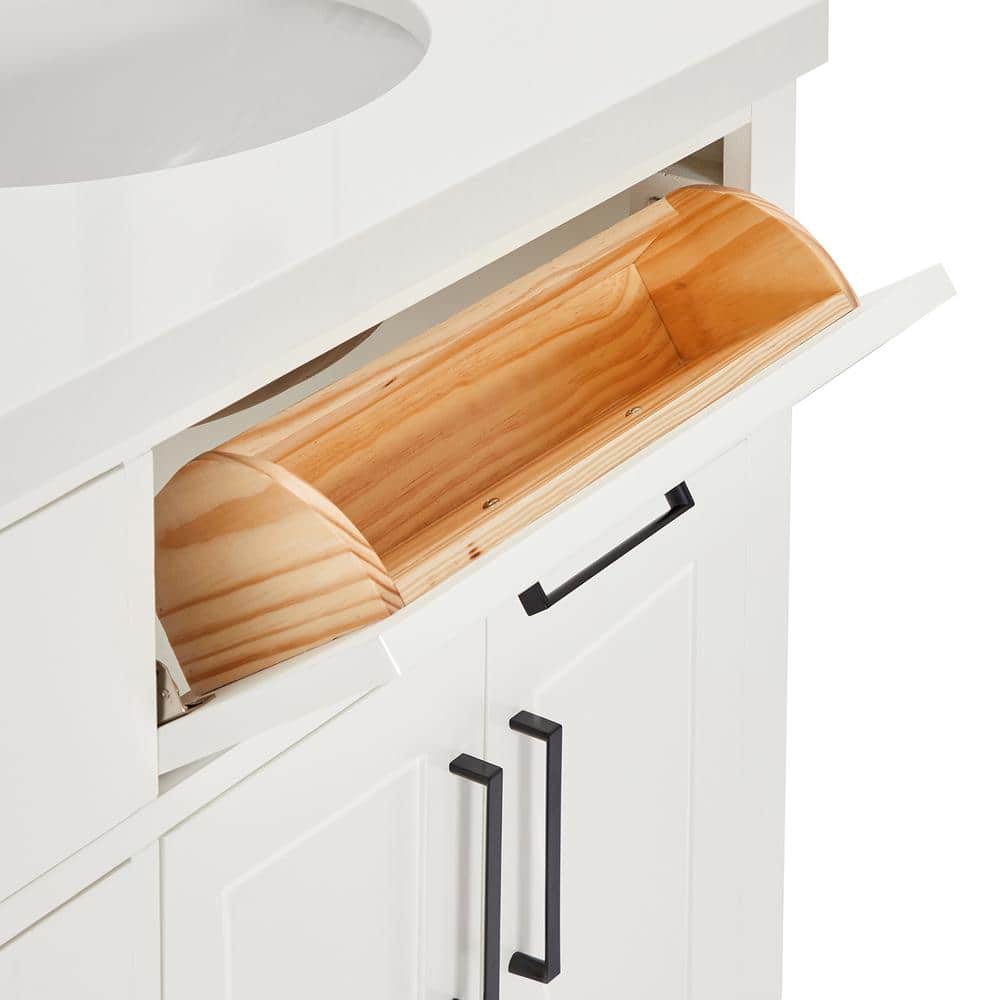 White Quartz Double Basin Freestanding Vanity with Black Hardware