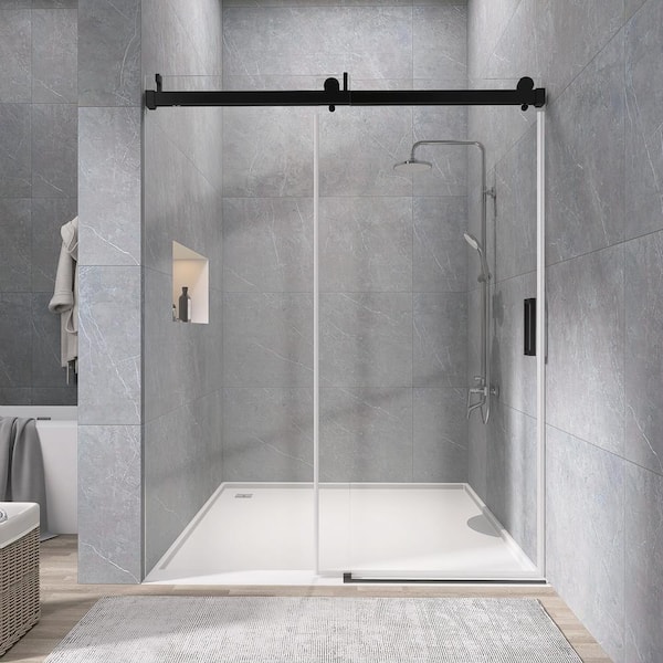Zeafive 72 in. W x 76 in. H Frameless Soft-Close Bypass Single Sliding Alcove Shower Door in Matte Black 3/8 in. Safety Glass