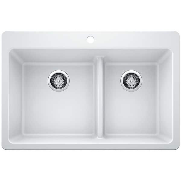 Glacier Bay Drop In Undermount Granite Composite 33 In 1 Hole 60 40 Double Bowl Kitchen Sink With Low Divide In White 442805 The Home Depot