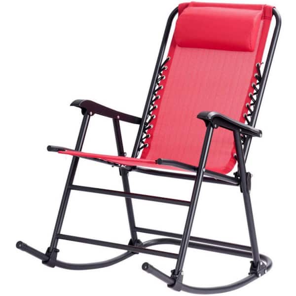 Clihome 1-Piece Red Headrest Folding Zero Gravity Metal Outdoor Rocking Chair Patio Chair