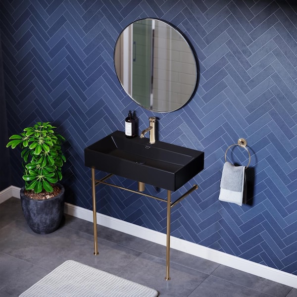 Claire 30 in. Ceramic Matte Black Console Sink Basin Gold Legs