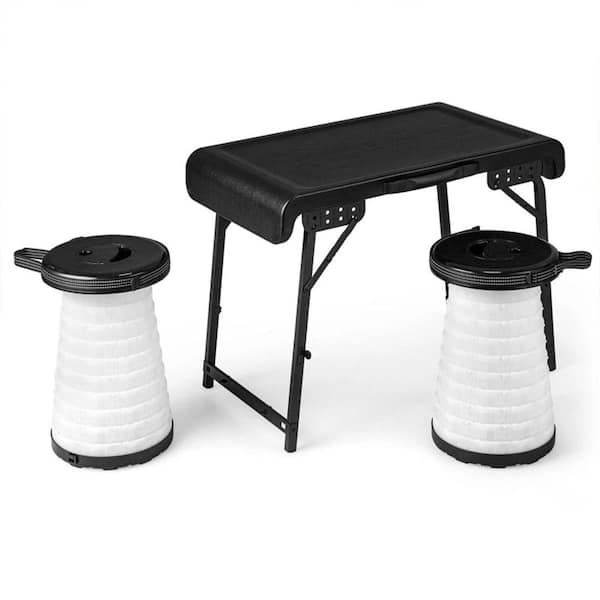 Misopily Black and White Portable Folding Camping Table Stool Set with 2 Retractable LED Stools for Outdoor Activities (3-Pieces)
