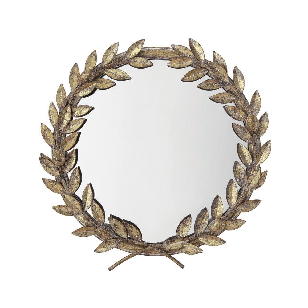 Storied Home 17.75 in. W x 18.5 in. H Round Metal Antique Gold Finish Laurel Wreath Framed Mirror